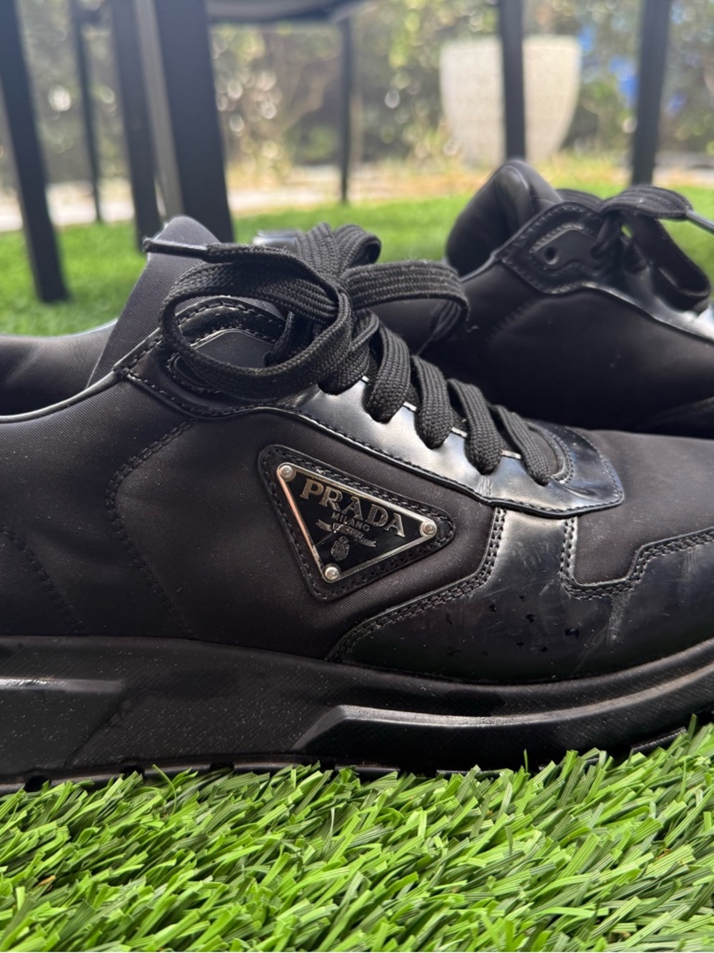 Prada Black Men's Low-Top Lace-Up Sneakers with Triangle Logo